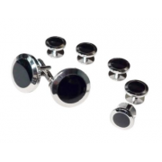 Celebration Big and Tall Jet Black Cufflinks and 5 Studs Set Silver Trim